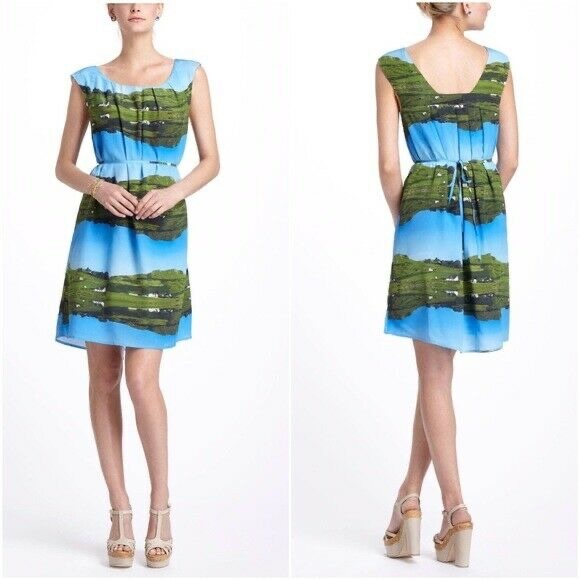 🟦 Anthropologie Silk Landscape Print "Cuillin Dress" by Meadow Rue - Picture 5 of 10